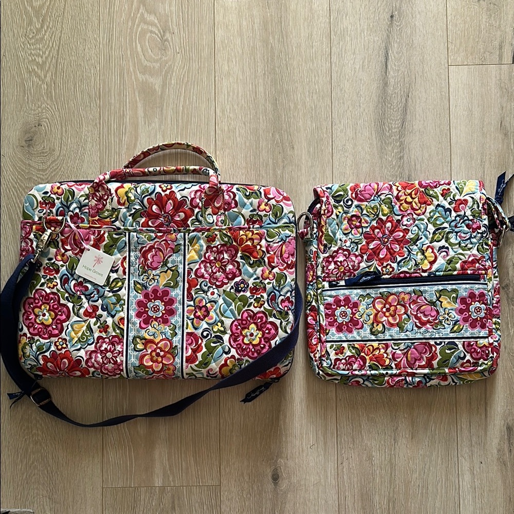 Quilted Floral Laptop Bag and Crossbody Set - Multicolor
